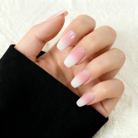 Ombre Nude French Press On Nails - IKISKT Fashion Acrylic False Nails, Glue On Nails with Jelly Glue Sticker,Fit Perfectly & Natural Stick On Nails - 24PCS Soft UV Gel Fake Nail Kit, Nude Gradient