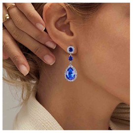 Aneneiceera Vintage Blue Crystal Drop Earrings Long Teardrop Sapphire Earrings Cz Blue Earrings Retro Blue Rhinestone Earrings Jewelry for Women and Girls (Blue)