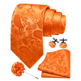 Gusleson Orange Tie for Men Paisley Wedding Silk Necktie Pocket Square Cufflinks and Lapel Pin Brooch Set (UK6105-11)