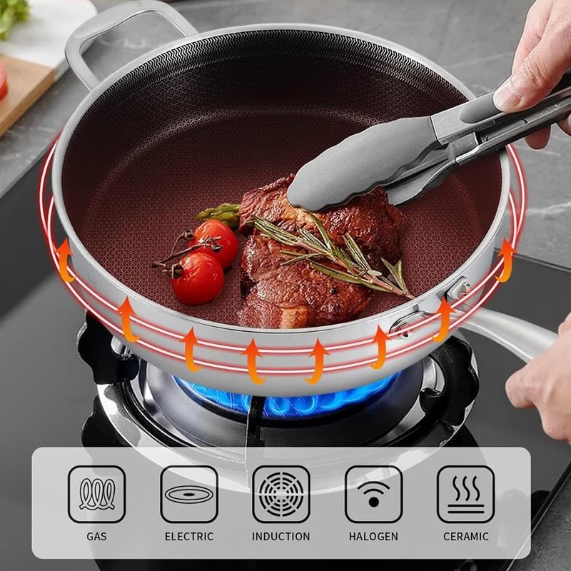 DELARLO Tri-Ply Stainless Steel 12 Inch Deep Frying Pan with