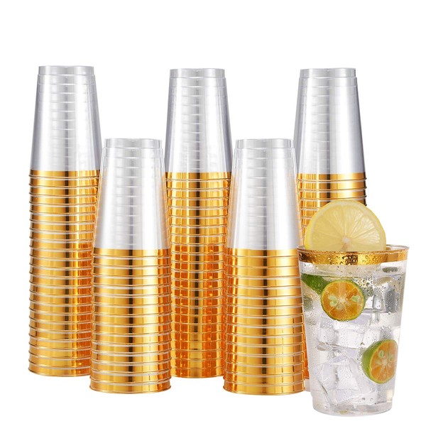 JOLLY CHEF 100 Pack 12 oz Gold Plastic Cups, Clear Plastic Cups Tumblers Elegant Gold Rimmed Disposable Cups with Gold Rim Perfect for Thanksgiving Day Christmas