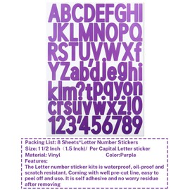 1 1/2 Inch Letter Stickers, 544 Pieces Alphabet Number Symbol Stickers for Scrapbooking, Sign, Water Bottle, Self-Adhesive Vinyl Letter Sticker Decals for Arts&Crafts - 8 Sheets Purple