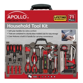 Apollo Tools 71 Piece Complete Household Tool Set with Clamp, Hacksaw, Carpenter Square, Screwdriver and Plier Sets for College, Home Repairs and DIY - Red - DT0204