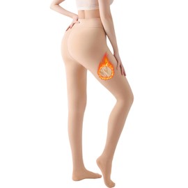 Arkim Women's Winter Super Delicate Shiny Black Thermal Tights Lined, 1 Seam Line in Crotch Fake Transparent Tights Fleece Thermal Tights Leggings, skin-coloured