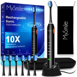 MySmile Electric Toothbrush for Adults, Rechargeable Sonic Electronic Toothbrush with 6 Bbrush Heads and Travel Case, 2 Mins 5 Modes Smart Timer, 48000VPM (Black)