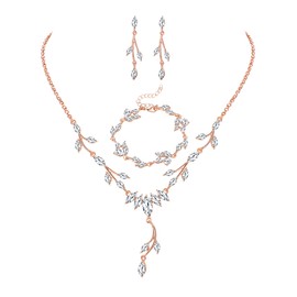ORAZIO 3 Pcs Women Crystal Jewelry Set Bridal Wedding Rhinestone Necklace Crystal Bracelets and Dangle Earrings A-Rose Gold