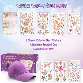 Gifts for Girls DIY Baseball Cap, Decorate Your Own Baseball Cap with Gem Stickers, Back to School Childrens Day Birthday Present for 4 5 6 7 8 9 10 Year Old Girls, Hat Arts & Crafts Kit Girl Age 4-10