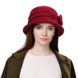 Wantonfy Women's Fishing Hats Winter Hat Warm Baret Hat French Style Vintage 1920s Vintage Bowler Wool Winter Hat, red