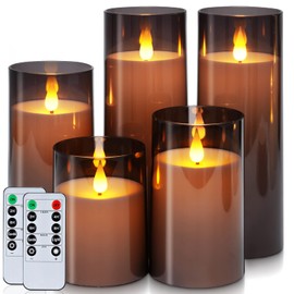 Homemory Gray Flickering Flameless Candles, Battery Operated Acrylic LED Pillar Candles with Remote Control and Timer, Halloween Decor, Set of 5