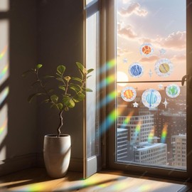 Fssqii Window Clings Decals Colorful Planet Window Stickers Sunlight Decals Stickers DIY Universe Glass Window Home Decorations Non Adhesive Prismatic Vinyl Clings Stickers Anti-Collision Window Decal