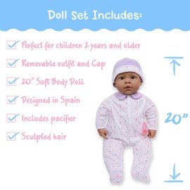 JC Toys - La Baby - Hispanic 20-inch Large Soft Body Baby Doll - Washable - Removable Purple Outfit with Hat and Pacifier - For Children 2 Years and up