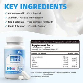 ausalli Immunoglobulin High Absorption Supplement, 60 Capsules, Immune Support with Vitamin C, Zinc, Selenium, Gluten-Free, Made in USA