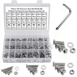FandWay 720Pcs M3 M4 M5 M6 Cross Countersunk Machine Screw,Phillips Flat Head Screws,304 Stainless Steel Machine Screws,Bolt Nut Flat Washers Assortment Set with 1 Wrench and Storage Case.