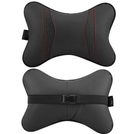 Premium quality leather car headrest cushion - comfortable neck rest - supportive auto accessories, universal fit, black