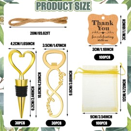 Tanlade 60 Pcs Wedding Party Favors for Guests Wine Stopper and Opener Love Set Love Forever Bridal Shower Favors with 100 Tags 60 Mesh Bags for Wedding Party Souvenir Decorations Supplies (Gold)
