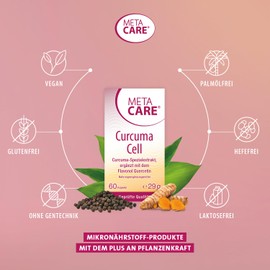 META CARE Curcuma Cell - Hochwertiger Curcuma-Spezialextrakt - Ergänzt mit Schwarzem Pfeffer und dem Flavonol Quercetin - VEGAN - LACTOSEFREI - 60 Kapseln