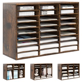 Alpeir Mail Organizer Countertop, 27 Slots Wooden Desk File Literature Sorter, Adjustable Paper Storage Shelves Document Holder, Space Saving Desktop Mailbox for Office Classroom, Rustic Brown