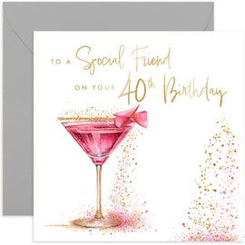 Old English Co. Special 40th Birthday Card for Female Friend - Best Friend 40th Birthday Card - Fabulous Pink Cocktail Gold Foil Glitter Design - Cute Sparkle Card for Her | Blank Inside Envelope