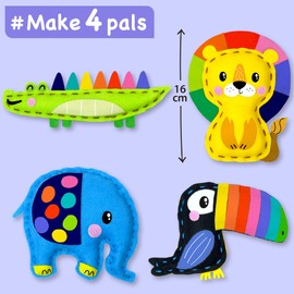 EZCRA Easy Arts and Crafts for Kids - No Mess Sewing Kit for Kids - 4 Easy to Do Cute Animals Sewing Projects - Fun Felt Stickers - Tools with Instruction - Gifts for Boys and Girls Age 4,5,6,7,8