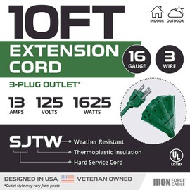 Iron Forge Cable 2 Pack 3 OutletOutdoor Extension Cord 10 ft, 16/3 Heavy Duty Green Extension Cord with Multiple Outlets 3 Prong, Weatherproof Exterior Power Cable for Outside, Landscaping & Lawn