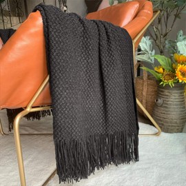 LOMAO Knitted Throw Blanket with Tassels Bubble Textured Lightweight Throws for Couch Cover Home Decor (Black, 60x80)