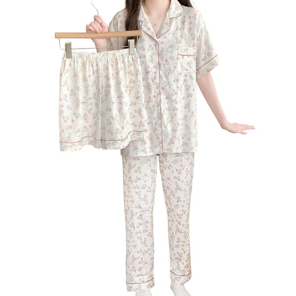 [Trnvco] パジャマ レディース 夏 前開きパジャマ 3点セット 【半袖 長ズボン ロングパンツ】 ルームウェア