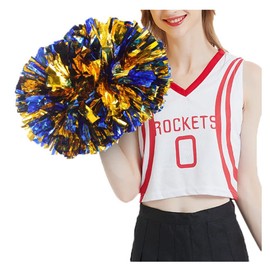 SHTGOI Cheerleading Pompoms Pack of 2 Metallic Foil Cheerleading Pom Poms with Handle Cheerleader Hand Flowers Cheers Flower Ball for Sports Events Ball Games Dance Supplies Blue + Gold