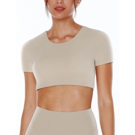 ENERBLOOM Open Back Workout Crop Tops for Women Backless Yoga Shirts Gym Short Sleeve Mild Support Compression Tee with Bra Large Khaki