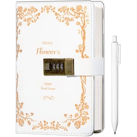 CAGIE Diary with Lock for Women Men, Refillable Lock Journal with Pen Vintage Hot Foil Embossed Design Lock Diary for Adults Kids, Locking Journal Notebooks for Writing, Travel, 5.5 x 8 in, White