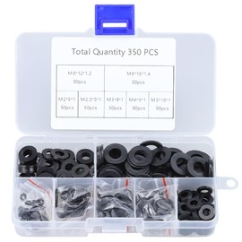 Glvaner Nylon Flat Washer, Flat Washer, Nylon Insulated, 7 Types, Set of 350, M2, M2.5, M3, M4, M5, M6, M8, Waterproof, Repair, Black, Storage Case Included