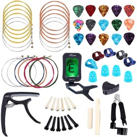 60 Piezas Kit de accesorios para guitarra con afinador de guitarra,Ideal para reemplazo y mantenimiento de partes de guitarra,Contiene protectores de dedos,púa de pulgar,cuerdas de guitarra,etc.