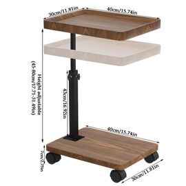 YYW Adjustable C Shaped End Table with Wheels - 360° Swivel TV Tray Table for Sofa/Bed/Bathtub, Slide Under Couch, Height Adjustable (17.7-31.5 Inches),Living Room, Bedroom, Study (raw Wood Color)