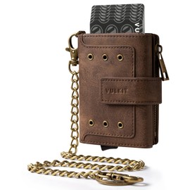 VULKIT Mens Wallet RFID Protected with Chain, POP UP Credit Card Ejector Case, ID Window, Zipper Pocket for Coins and Compartment for Bills/Banknotes, Coffee Brown