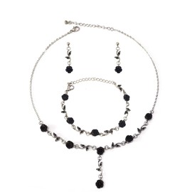 Blue Drop 3Pcs Rose Red Jewelry Red Flower Necklaces for Women Red Rose Flower Dangle Earrings Rose Bracelet Rose Gold Prom Jewelry Sets for Bride Wedding Jewelry-Black