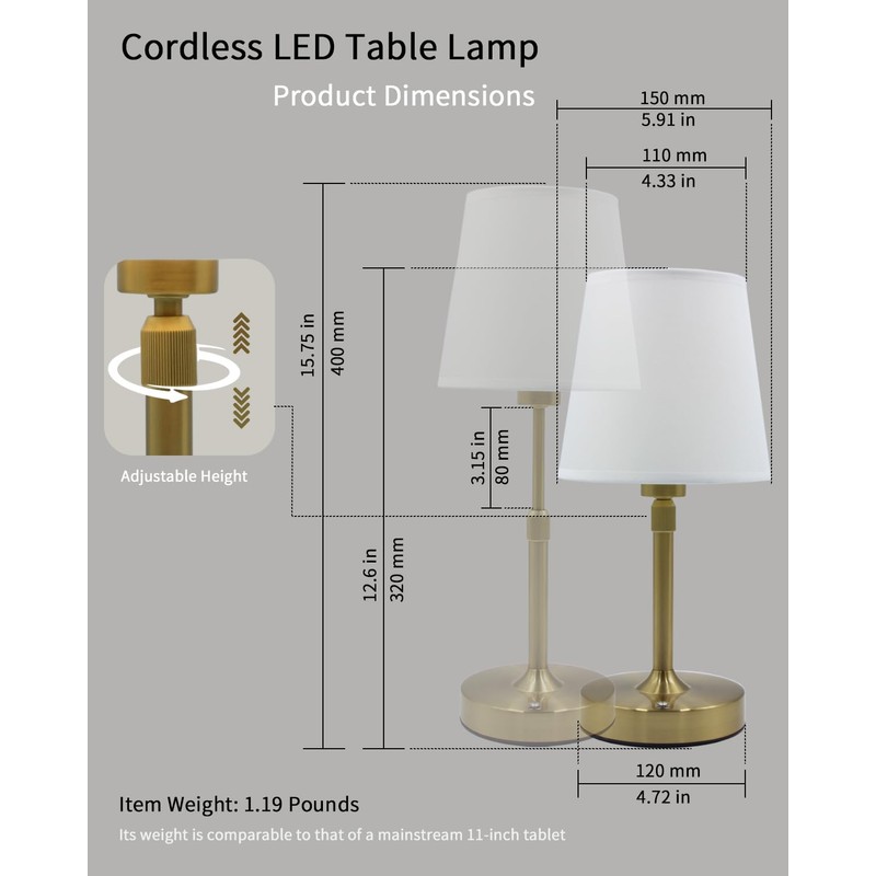 Cordless Table Lamp Rechargeable Touch Gold Mini Small Lamp Adjustable