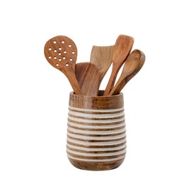 Mie Creations Boho 7'' Large Utensil Holder for Kitchen Counter | Handcrafted Wooden Utensils Crock Cooking Spatula Organizer | Elegant Christmas Utensil Holder Caddy, Countertop Supplies- White