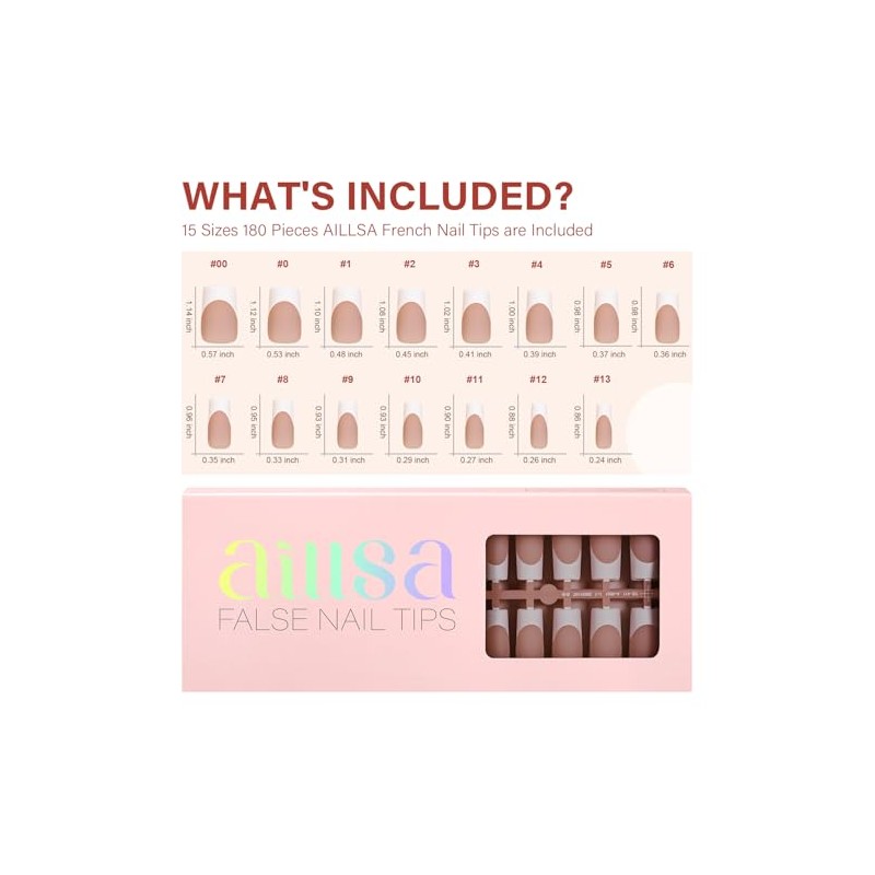 AILLSA Uñas Postizas Francesas de Gel, 180 Unidades, Largas, Cuadradas,