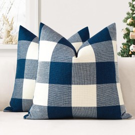 JOTOM Set of 2 Classic Plaids Cushion Covers 50x50 cm Farmhouse Buffalo Check Soft solid Decorative Throw Pillow Covers Home Decor Outdoor Cushion Case for Sofa Bedroom (Navy Blue)