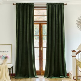 Nemia Olive Green Velvet Curtains for Bedroom Window, Rod Pocket Thermal Insulated Luxury Vintage Heavy Blackout Curtain Velvet Drapes for Living Room Darkening, W53 x L84 inches, 2 Panels