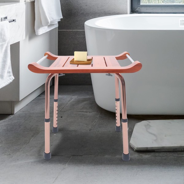 20" Teak Shower Bench with Handles, Portable Wooden Bath Stool