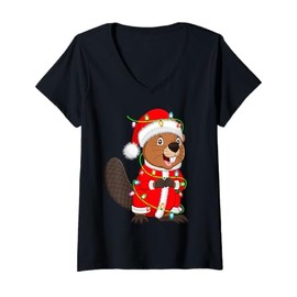 Womens Beaver Christmas Lights Santa Costume Cute Animal Xmas V-Neck T-Shirt