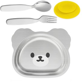 DGMI Stainless Steel Baby Plate, Stainless Steel Suction Plate, Children's Plate Set with Suction Cup, Children's Tableware with Spoon and Fork, Stainless Steel Baby Tableware Set for Children