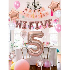 5th Birthday Decorations Rose gold for Girls,Hi Five Birthday Balloons 5th Birthday Banner Number 5 Star Foil Balloons Latex Confetti Balloons for 5 Years Old Birthday Supplies Girls (Rose gold)