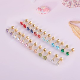 12 Pairs Surgical Stainless Steel Flat Back Stud Earrings, Screw Back Heart Star Square Teardrop Gold Plated Cubic Zirconia CZ Birthstone Stud Earrings Set (Gold heart 4mm)