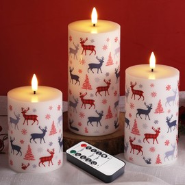 Girimax Red Buffalo Plaid Reindeer Christmas Flameless Pillar Candles with Remote, Flickering Xmas Battery LED Candles Set of 3
