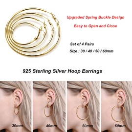 Deyanse Hoop Earrings 925 Silver Large, 925 Sterling Silver Large Hoop Earrings Set for Women, 4 Pairs Unisex Large Cartilage Folding Hoop Earrings Set, Silver Hoop Earrings Set in 30, 40, 50, 60 mm,