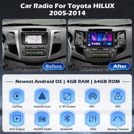 Hikity [4+64G] Android 13 Car Radio for Toyota HILUX 2005-2014 with Wireless Carplay Android Auto, 9 Inch Touch Screen Stereo GPS WiFi Bluetooth Backup Cam Mic, DSP/FM/RDS/32EQ SWC