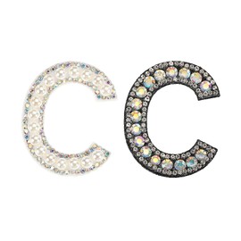 MECCANIXITY Iron on Decorative Letter C Black White Patch Glitter Alphabet Applique Rhinestone Pearl English Letter for DIY Clothes Repair Hats Bags Pack of 2