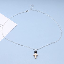 Yheakne Boho Cross Pendant Necklace Black Lava Bead Choker Necklace Silver Chain Necklace Minimalist Everyday Necklace Jewelry for Women and Girls