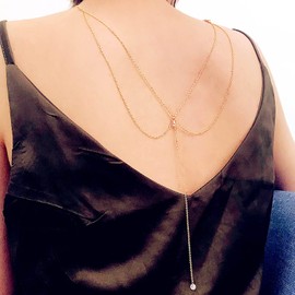 TseenYi Back Necklace Crystal Backdrop Necklace Body Chain Summer Beach Wedding Jewellery for Women and Girls (Gold 1 Piece)